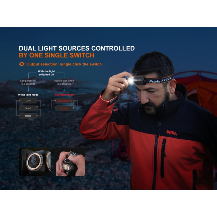 Fenix HM23V20 - LED Dimming φακός κεφαλής LED/1xAA IP68 300 lm 100 h