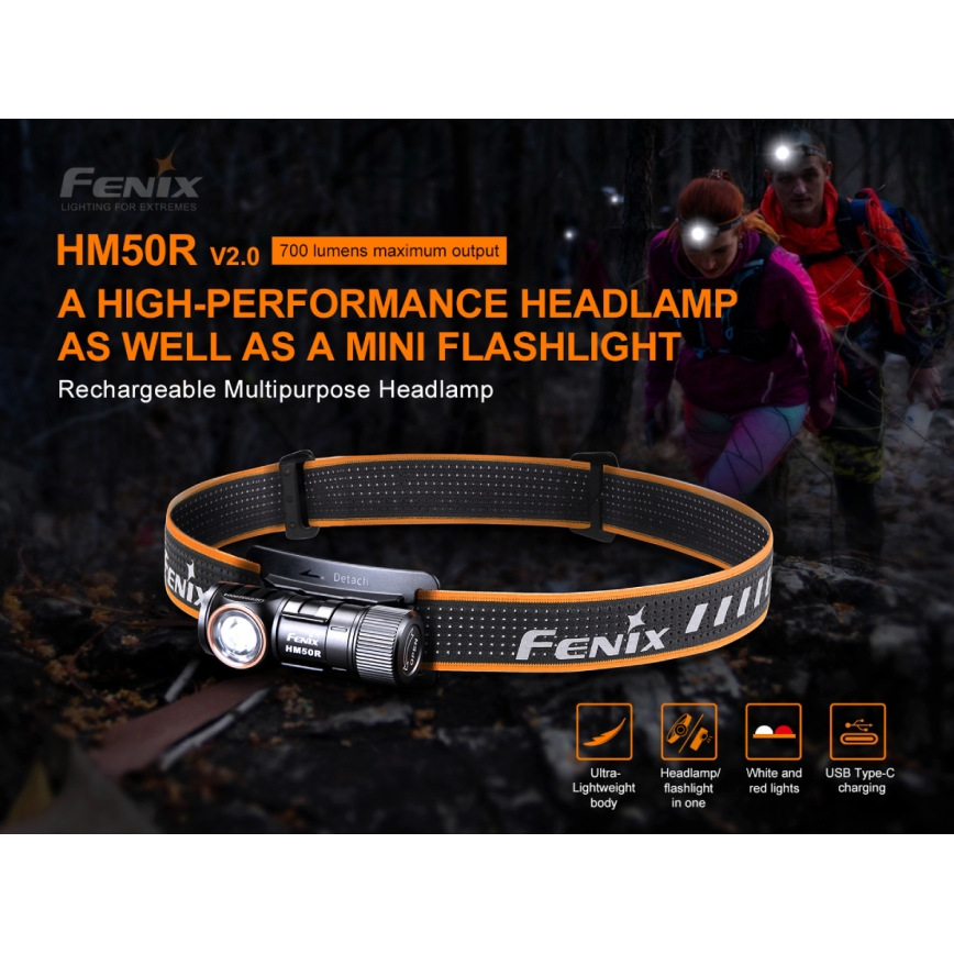 Fenix HM50RV20 - Επαναφορτιζόμενη λάμπα κεφαλής LED 3xLED/USB/1xCR123A IP68 700 γυαλιστερό 120 h 700 mAh