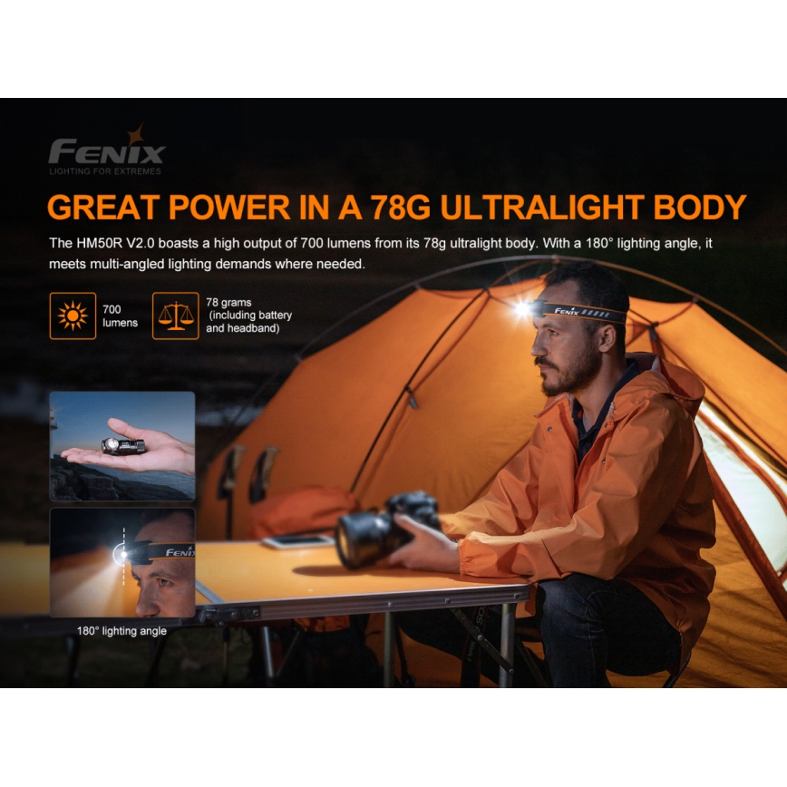 Fenix HM50RV20 - Επαναφορτιζόμενη λάμπα κεφαλής LED 3xLED/USB/1xCR123A IP68 700 γυαλιστερό 120 h 700 mAh