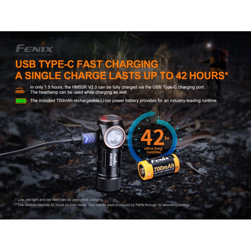 Fenix HM50RV20 - Επαναφορτιζόμενη λάμπα κεφαλής LED 3xLED/USB/1xCR123A IP68 700 γυαλιστερό 120 h 700 mAh
