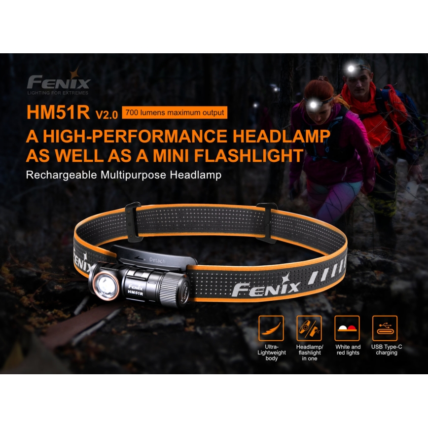 Fenix HM51RV20 - Επαναφορτιζόμενη λάμπα κεφαλής LED 3xLED/1xCR123A/USB IP68 700 γυαλιστερό 120 h 700 m