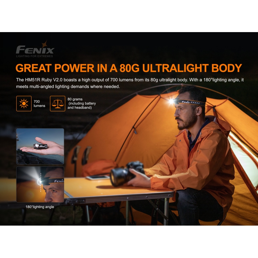 Fenix HM51RV20 - Επαναφορτιζόμενη λάμπα κεφαλής LED 3xLED/1xCR123A/USB IP68 700 γυαλιστερό 120 h 700 m