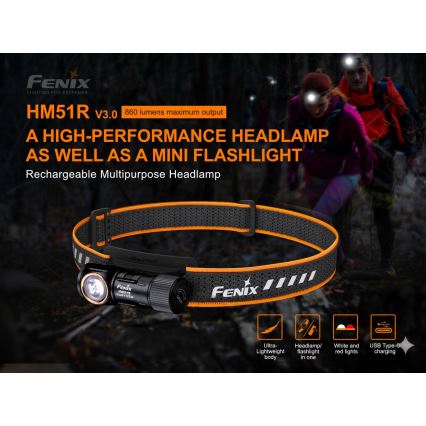 Fenix HM51RV30 - Ρυθμιζόμενος επαναφορτιζόμενος φακός κεφαλής LED/USB/1xCR123A 950 mAh IP68 860 lm 125 h πορτοκαλί