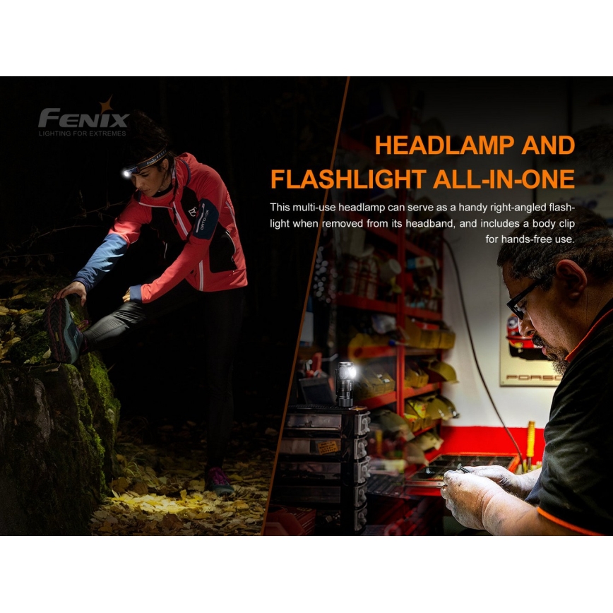 Fenix HM51RV30 - Ρυθμιζόμενος επαναφορτιζόμενος φακός κεφαλής LED/USB/1xCR123A 950 mAh IP68 860 lm 125 h πορτοκαλί
