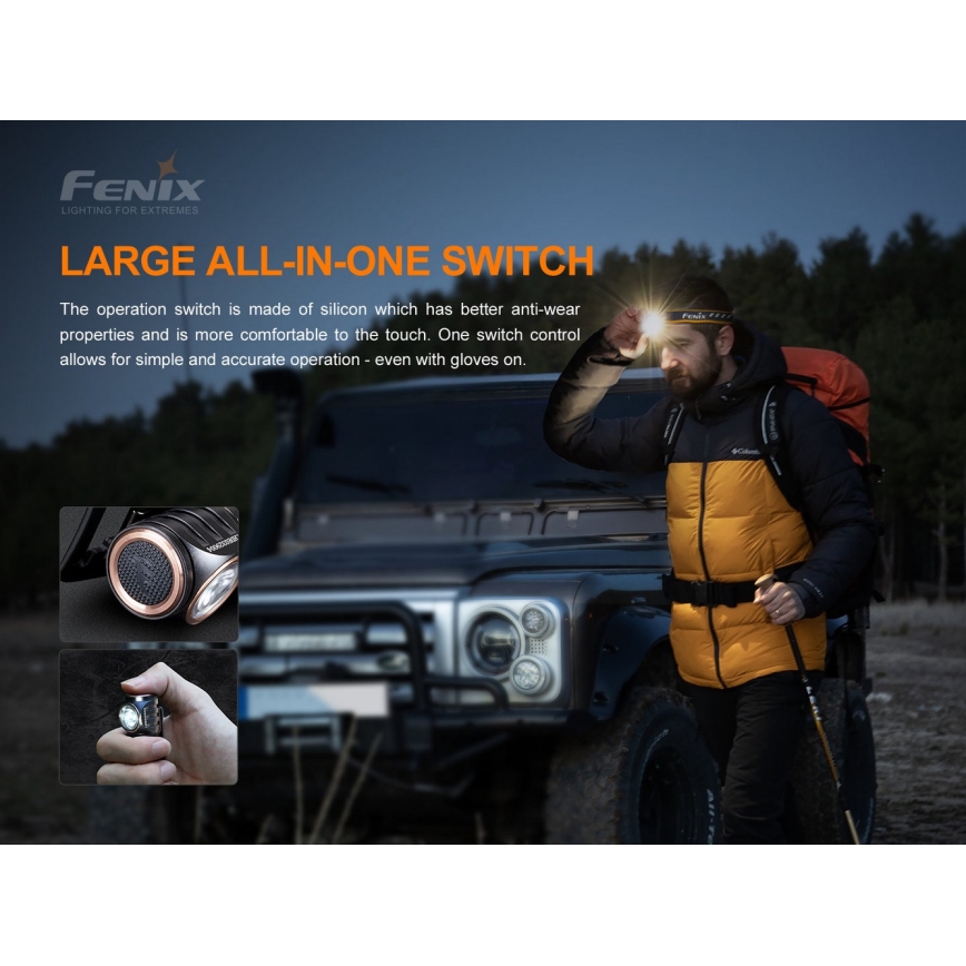 Fenix HM51RV30 - Ρυθμιζόμενος επαναφορτιζόμενος φακός κεφαλής LED/USB/1xCR123A 950 mAh IP68 860 lm 125 h πορτοκαλί