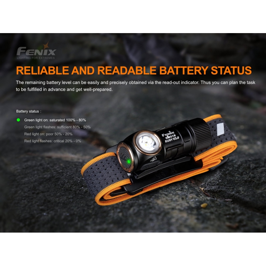 Fenix HM51RV30 - Ρυθμιζόμενος επαναφορτιζόμενος φακός κεφαλής LED/USB/1xCR123A 950 mAh IP68 860 lm 125 h πορτοκαλί