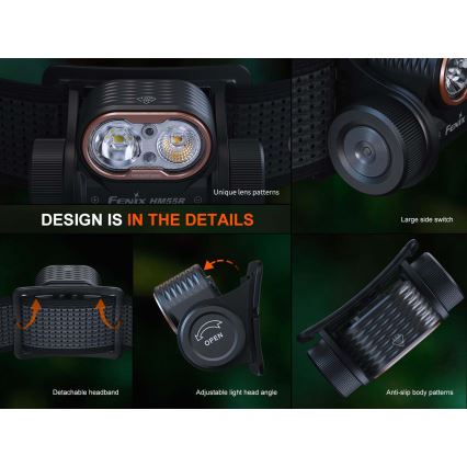 Fenix HM55RABL - Ρυθμιζόμενος επαναφορτιζόμενος LED φακός κεφαλής LED/USB/1xCR123A 1600 mAh IP68 1200 lm 141,2 h μαύρος