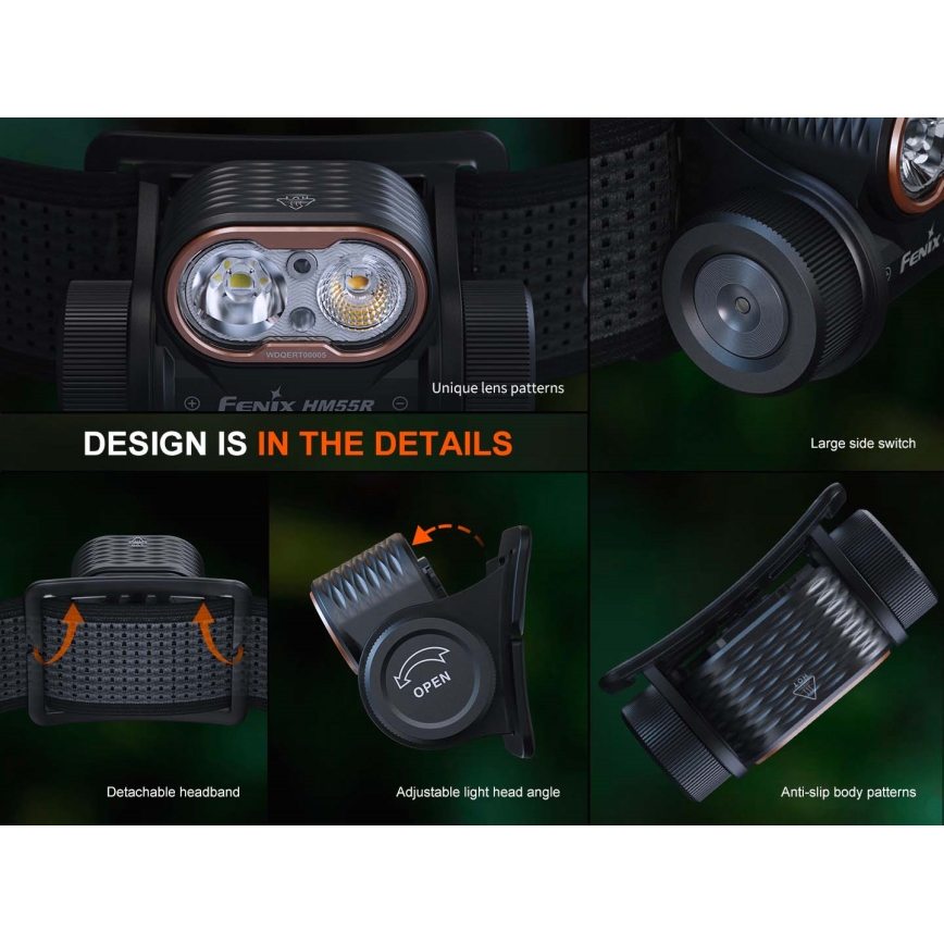 Fenix HM55RABL - Ρυθμιζόμενος επαναφορτιζόμενος LED φακός κεφαλής LED/USB/1xCR123A 1600 mAh IP68 1200 lm 141,2 h μαύρος