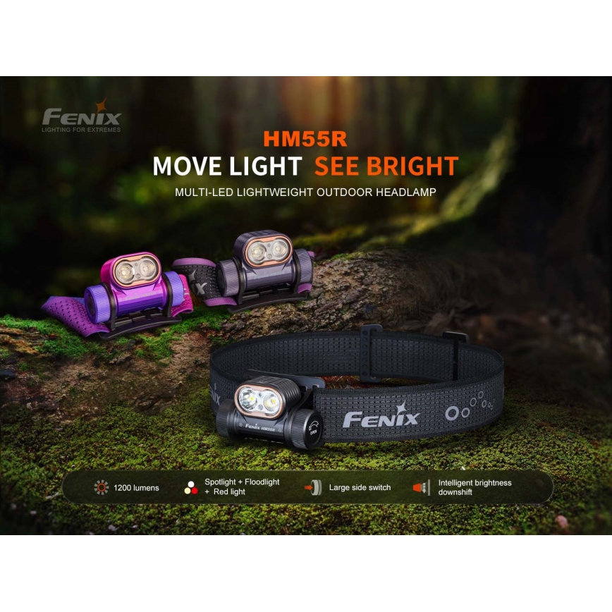 Fenix HM55RNBL - Ρυθμιζόμενος επαναφορτιζόμενος φακός κεφαλής LED/USB/1xCR123A 1600 mAh IP68 1200 lm 141,2 h μωβ