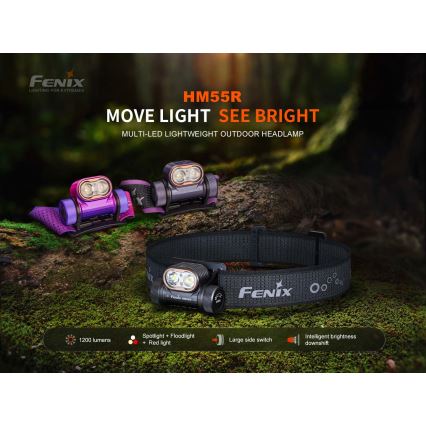 Fenix HM55RPRP - Ρυθμιζόμενος επαναφορτιζόμενος φακός κεφαλής LED/USB/1xCR123A 1600 mAh IP68 1200 lm 141,2 h μωβ/μαύρο