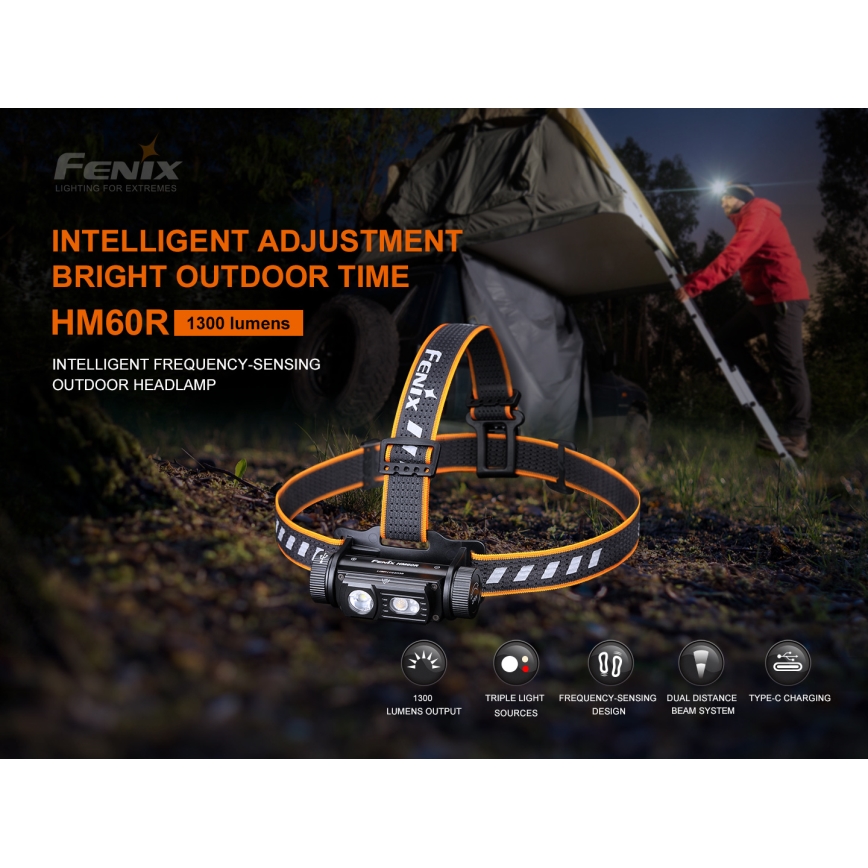 Fenix HM60R - LED Dimming επαναφορτιζόμενος φακός κεφαλής 4xLED/USB/2xCR123A IP68 1300 γυαλιστερό 300 h 3400 mAh