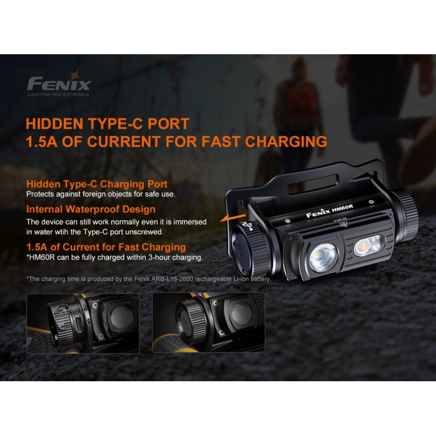 Fenix HM60R - LED Dimming επαναφορτιζόμενος φακός κεφαλής 4xLED/USB/2xCR123A IP68 1300 γυαλιστερό 300 h 3400 mAh