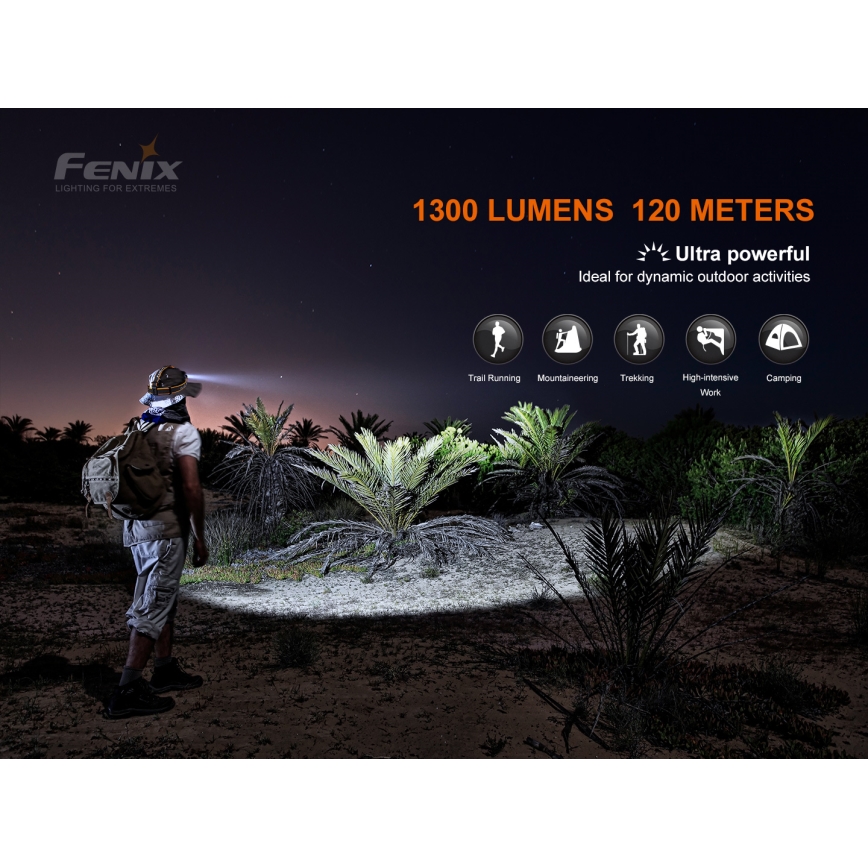 Fenix HM60R - LED Dimming επαναφορτιζόμενος φακός κεφαλής 4xLED/USB/2xCR123A IP68 1300 γυαλιστερό 300 h 3400 mAh