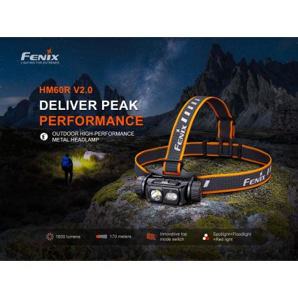 Fenix HM60RV20 - Φακός κεφαλής LED με ρύθμιση φωτεινότητας, επαναφορτιζόμενος LED/USB 4000 mAh IP68 1600 lm 292 h πορτοκαλί
