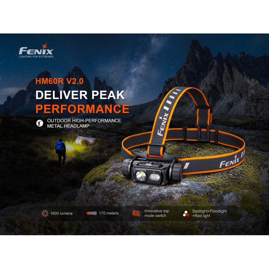 Fenix HM60RV20 - Φακός κεφαλής LED με ρύθμιση φωτεινότητας, επαναφορτιζόμενος LED/USB 4000 mAh IP68 1600 lm 292 h πορτοκαλί