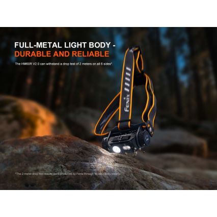 Fenix HM60RV20 - Φακός κεφαλής LED με ρύθμιση φωτεινότητας, επαναφορτιζόμενος LED/USB 4000 mAh IP68 1600 lm 292 h πορτοκαλί