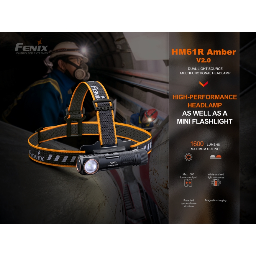 Fenix HM61RV20 - Επαναφορτιζόμενος φακός κεφαλής LED LED/USB/2xCR123A IP68 1600 lm 300 h 3400 mAh