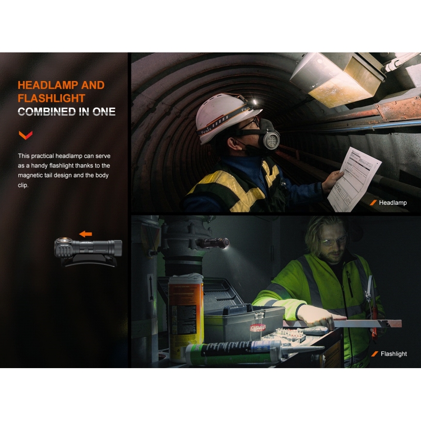 Fenix HM61RV20 - Επαναφορτιζόμενος φακός κεφαλής LED LED/USB/2xCR123A IP68 1600 lm 300 h 3400 mAh