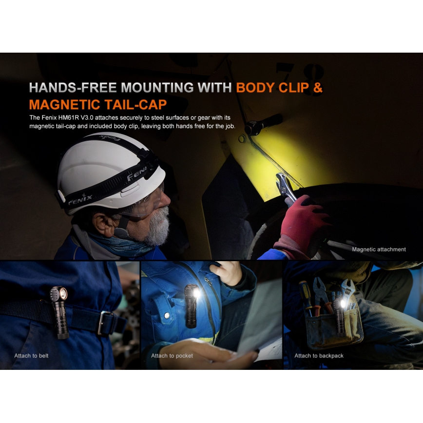 Fenix HM61RV30 - Επαναφορτιζόμενος φακός κεφαλής LED με ρύθμιση φωτεινότητας LED/USB/1xCR123A 4000 mAh IP68 1800 lm 400 h μαύρο