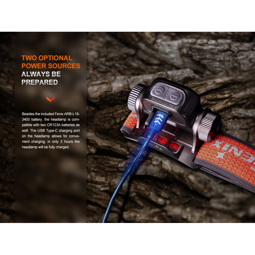 Fenix HM65RTV20BLC- LED Dimming επαναφορτιζόμενος φακός κεφαλής LED/USB/2xCR123A IP68 3400 mAh μαύρο/πορτοκαλί