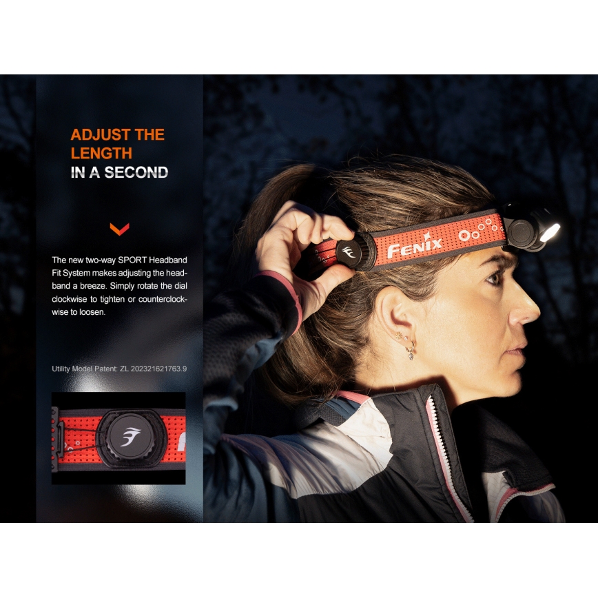 Fenix HM65RTV20BLC- LED Dimming επαναφορτιζόμενος φακός κεφαλής LED/USB IP68 μαύρο/πορτοκαλί