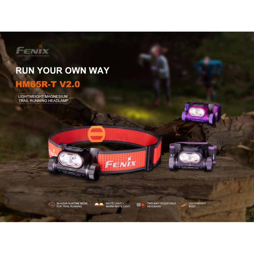 Fenix HM65RTV20PRP - Επαναφορτιζόμενος LED φακός κεφαλής με ρύθμιση φωτεινότητας LED/USB/2xCR123A IP68 1600 lm 300 ώρες 3400 mAh μαύρο/μωβ