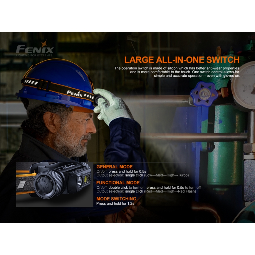 Fenix HM70R - Επαναφορτιζόμενη λάμπα κεφαλής LED 4xLED/1x21700 IP68 1600 γυαλιστερό 800 h 5000 mAh