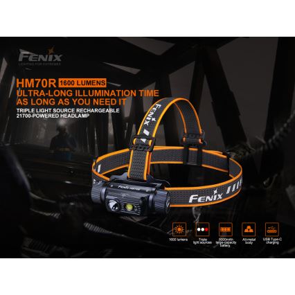 Fenix HM70R - Επαναφορτιζόμενη λάμπα κεφαλής LED 4xLED/1x21700 IP68 1600 γυαλιστερό 800 h 5000 mAh