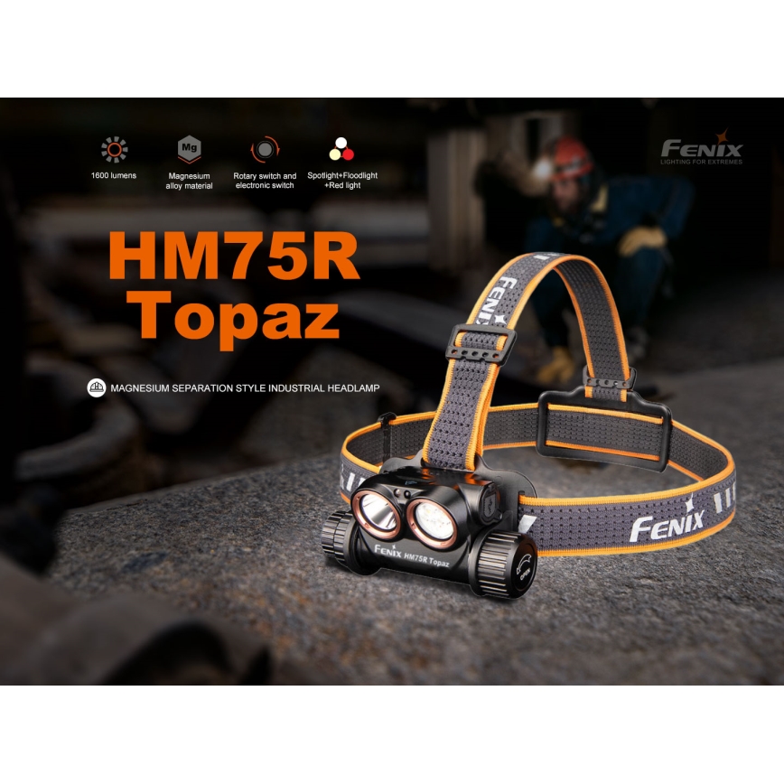 Fenix HM75RTOPAZ - LED Dimming επαναφορτιζόμενο φακός κεφαλής LED/USB IP68 1600 γυαλιστερό 210 h 4000 mAh