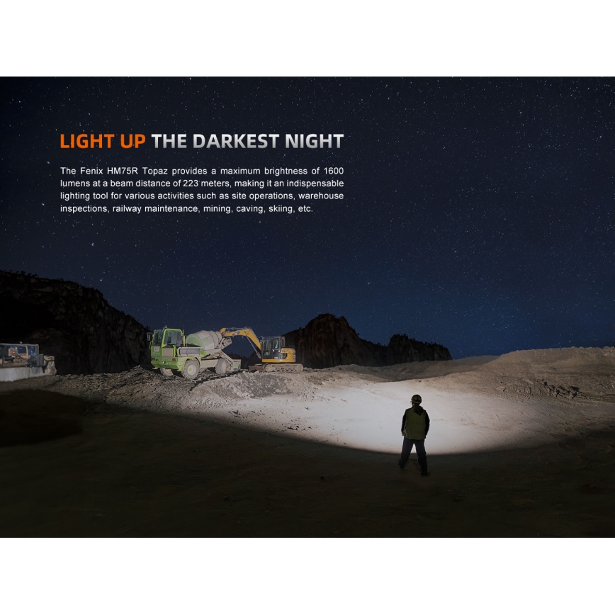 Fenix HM75RTOPAZ - LED Dimming επαναφορτιζόμενο φακός κεφαλής LED/USB IP68 1600 γυαλιστερό 210 h 4000 mAh