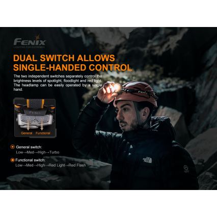 Fenix HP16R1250 - Επαναφορτιζόμενος φακός κεφαλής LED 3xLED/USB 4xAA IP66 1250 lm 600 ώρες 3000 mAh