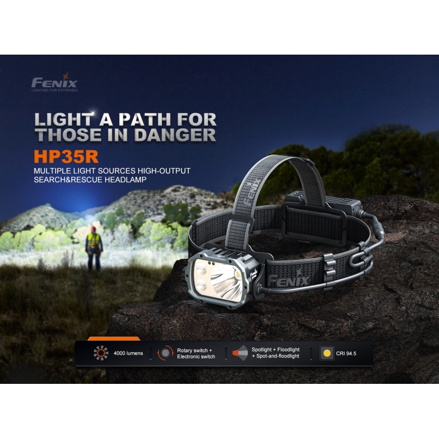 Fenix HP35R - Ρυθμιζόμενος επαναφορτιζόμενος φακός κεφαλής LED/USB, 5000 mAh, IP66, 4000 lm, 500 ώρες, μαύρος