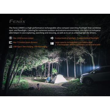 Fenix LR40R - Επαναφορτιζόμενος φακός LED 19xLED / USB IP68 12000 lm 92 ώρες