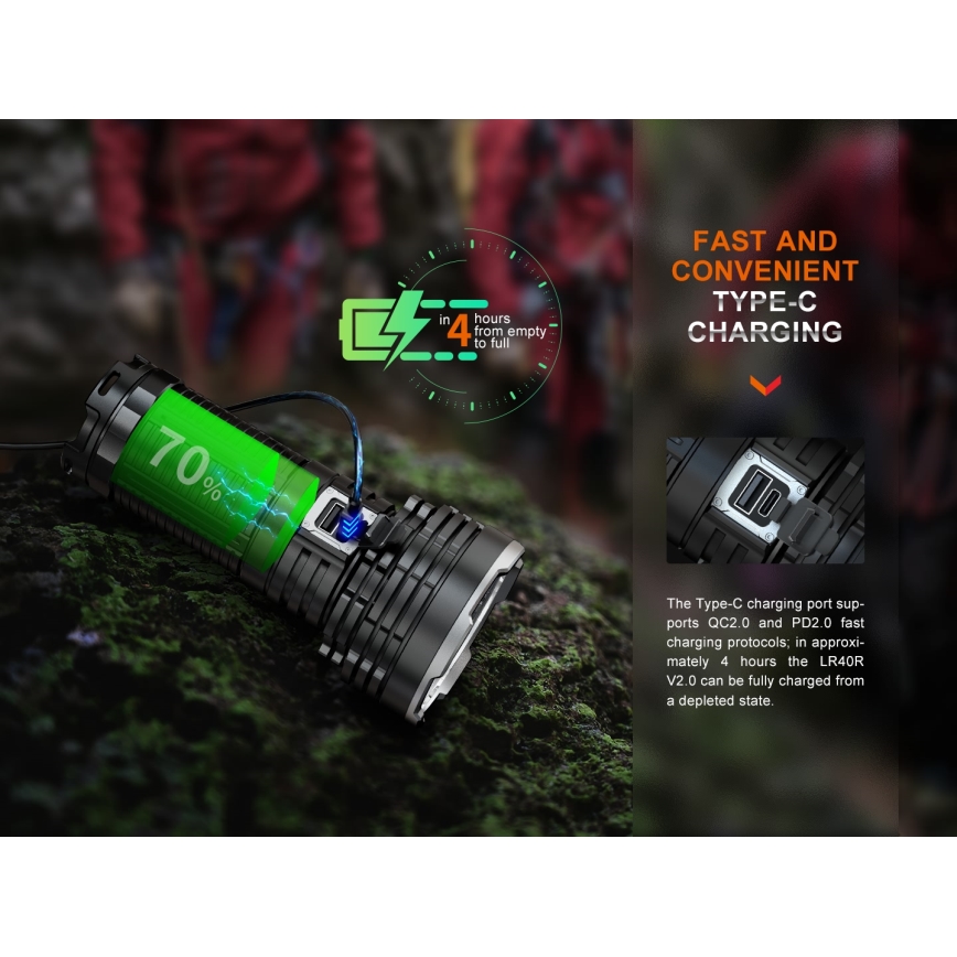 Fenix LR40RV20 - Επαναφορτιζόμενος φακός LED LED/USB IP68 15000 γυαλιστερό 177 h 5000 mAh