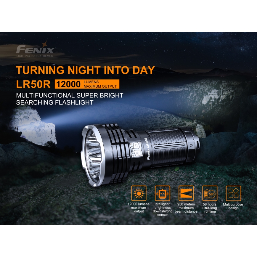 Fenix LR50R - Επαναφορτιζόμενος φακός LED 4xLED / USB IP68 12000 lm 58 ώρες