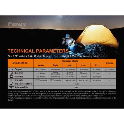 Fenix PD25R - Επαναφορτιζόμενος φακός LED LED/USB/1xCR123A IP68 800 lm 70 h 700 mAh