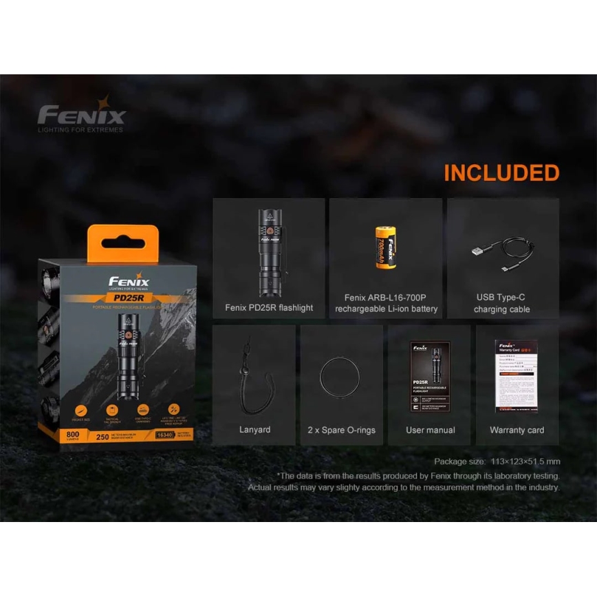 Fenix PD25R - Επαναφορτιζόμενος φακός LED LED/USB/1xCR123A IP68 800 lm 70 h 700 mAh