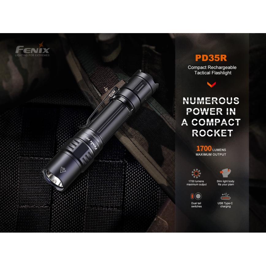 Fenix PD35R - Επαναφορτιζόμενος φακός LED LED/USB/2xCR123A IP68 1700 lm 100 h 3400 mAh