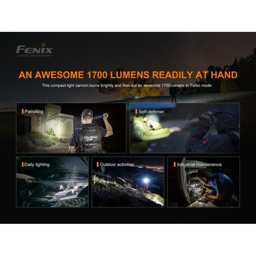 Fenix PD35V30 - Επαναφορτιζόμενος φακός LED/USB/2xCR123A IP68 1700 lm 230 ώρες 2600 mAh