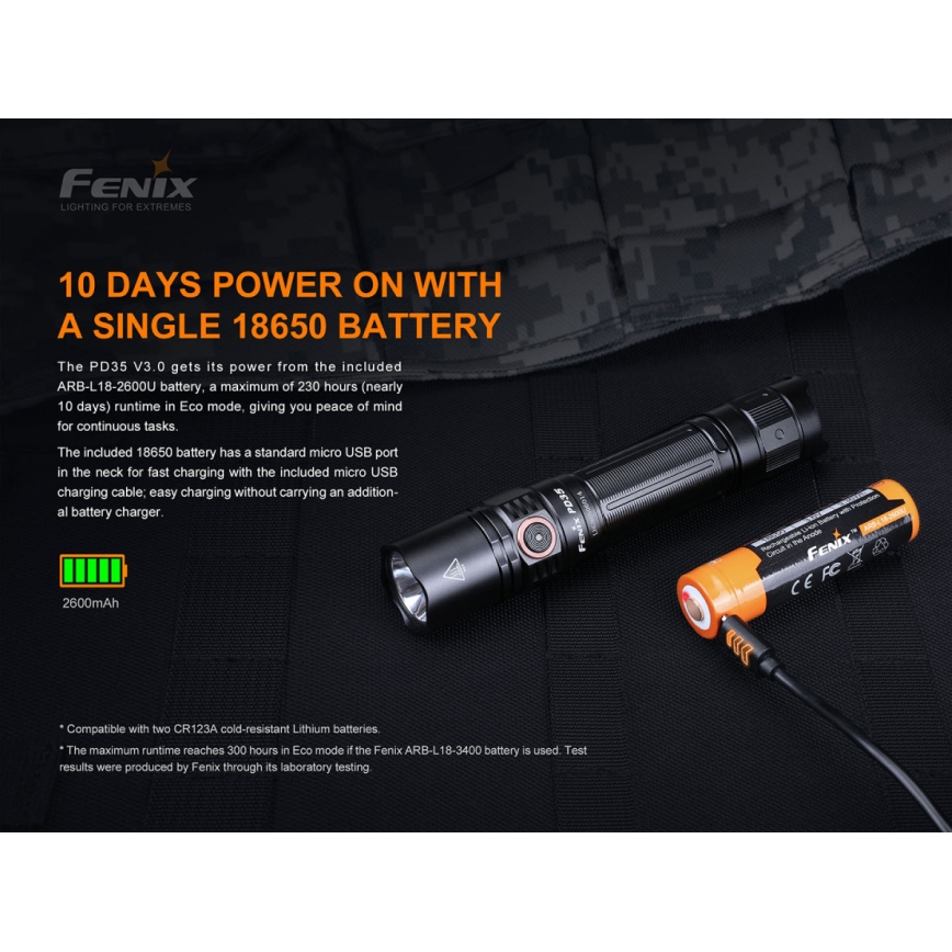 Fenix PD35V30 - Επαναφορτιζόμενος φακός LED/USB/2xCR123A IP68 1700 lm 230 ώρες 2600 mAh