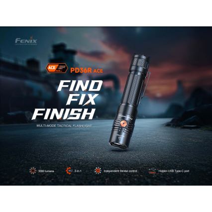 Fenix PD36RACE - Επαναφορτιζόμενος LED φακός με ρύθμιση έντασης, LED/USB, 5000 mAh, IP68, 3000 lm, 63,45 h, μαύρος