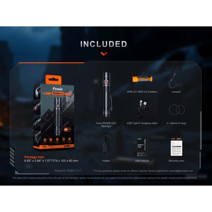 Fenix PD36RACE - Επαναφορτιζόμενος LED φακός με ρύθμιση έντασης, LED/USB, 5000 mAh, IP68, 3000 lm, 63,45 h, μαύρος
