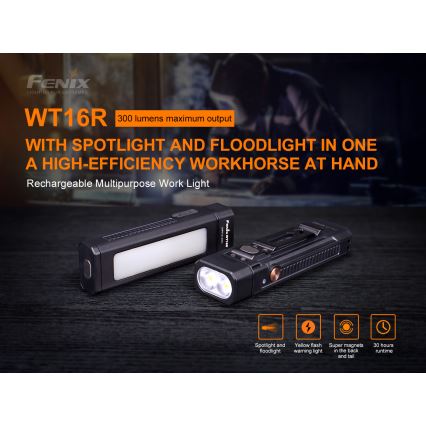 Fenix WT16R - Επαναφορτιζόμενος φακός LED 2xLED / USB IP66 300 lm 30 ώρες