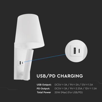 Φωτιστικό τοίχου LED με θύρα USB, LED/2W/230V, 3000K, λευκό