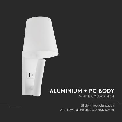 Φωτιστικό τοίχου LED με θύρα USB, LED/2W/230V, 3000K, λευκό