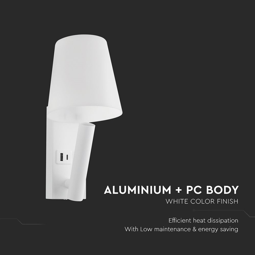 Φωτιστικό τοίχου LED με θύρα USB, LED/2W/230V, 3000K, λευκό