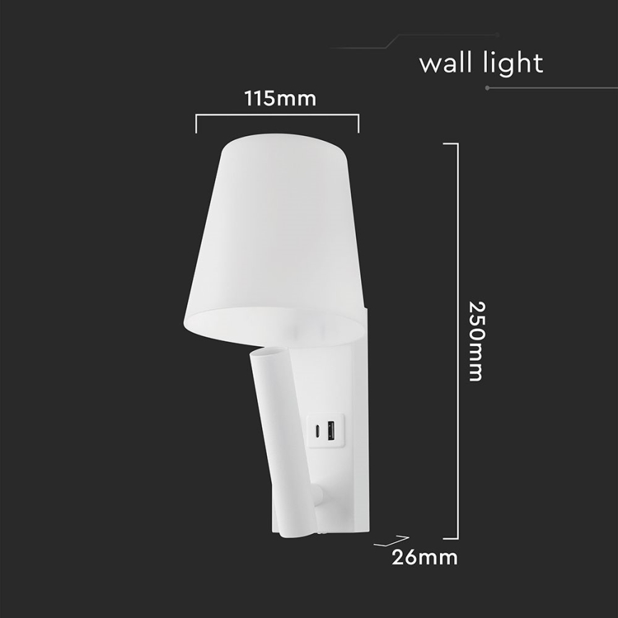 Φωτιστικό τοίχου LED με θύρα USB, LED/2W/230V, 3000K, λευκό