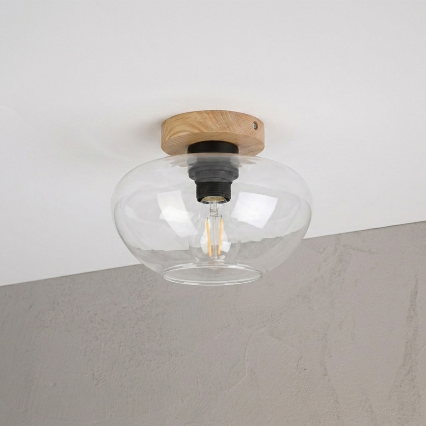 Φωτιστικό οροφής FLO WOOD 1xE27/15W/230V δρυς/διάφανο, διάμ. 22 εκ.
