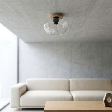 Φωτιστικό οροφής FLO WOOD 1xE27/15W/230V δρυς/διάφανο, διάμ. 22 εκ.