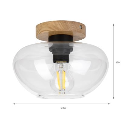 Φωτιστικό οροφής FLO WOOD 1xE27/15W/230V δρυς/διάφανο, διάμ. 22 εκ.